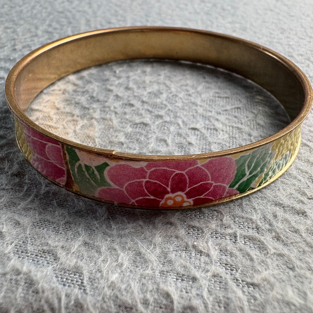 Vintage Floral Brass Bangle Bracelet Pink Yellow Green Textured Enamel Style